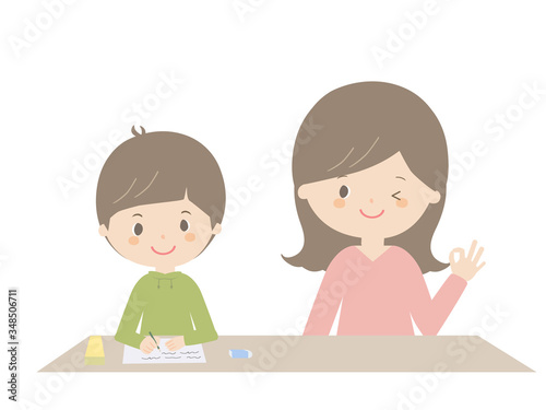 Boy studying with parents.