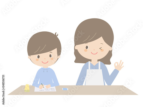Boy studying with parents.