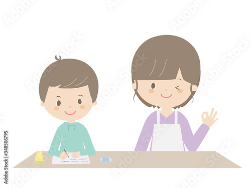 Boy studying with parents.