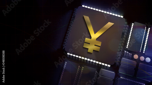 The gold yuan symbol on electronic chip 3d rendering for china Digital Currency Electronic Payment content.