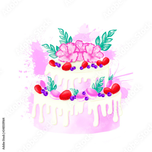 Illustration of a wedding cake decorated with strawberries, blueberries, macarons, flowers and leaves Bright cake illustration with watercolor splashes and stains, for invitations, website and print