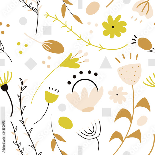 Set of hand drawn abstract doodle decorative vector patterns and elements with colored flowers and grey and yellow geometrical figures. Completed and isolated vector illustration. Wallpapers