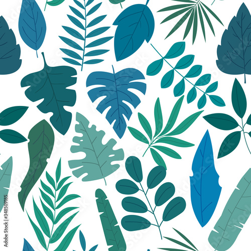 Pattern set of groups of different blue and green tropical exotic leaves, plants and fruits on white background. Collection of completed and isolated vector illustrations. Wallpapers