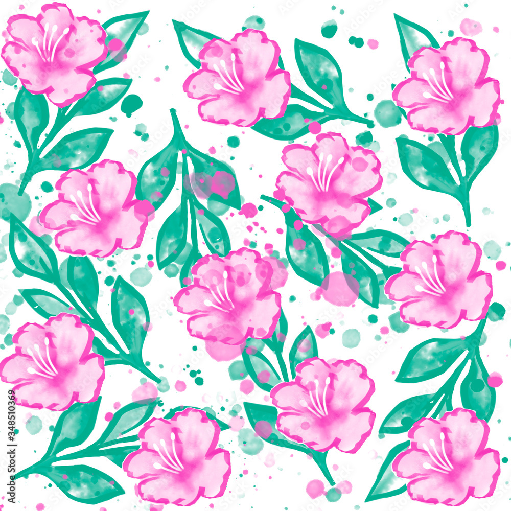 green watercolor leaves with pink flowers pattern isolated on white background with watercolor splashes