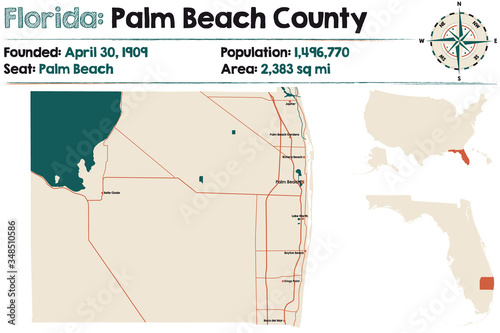 Large and detailed map of Palm Beach county in Florida, USA. photo