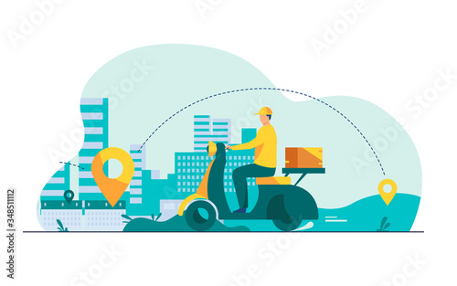 Courier shipping package at moped flat vector illustration. Cartoon service man delivering parcel and using GPS navigation. Order and express delivery concept.