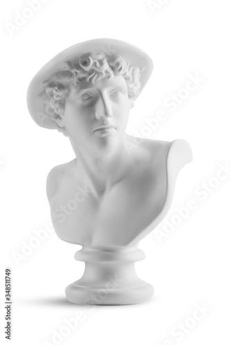 Subject shot of a white ceramic flower pot made as a head of a young ancient Greek god. The garden-pot is isolated on the white background. 