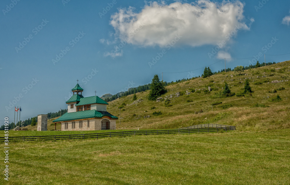 Obraz premium The church of Santa Zita, originally built by the Austro-Hungarian army to commemorate the fallen of the Great War. Vezzena Pass, Trento province, Trentino Alto-Adige, Italy, Europe.