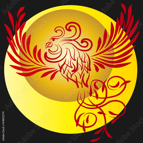 Red abstract phoenix with yellow moon logo.