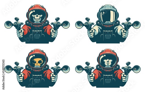 Astronaut with laser gun. Space warrior with blaster. Vintage Isolated vector illustration.