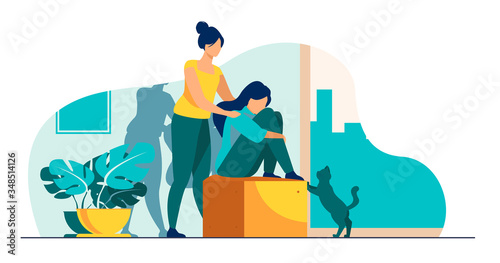 Woman giving comfort and support to friend, keeping palms on her shoulder. Girl feeling stress, loneliness, anxiety. Vector illustration for counseling, empathy, psychotherapy, friendship concept