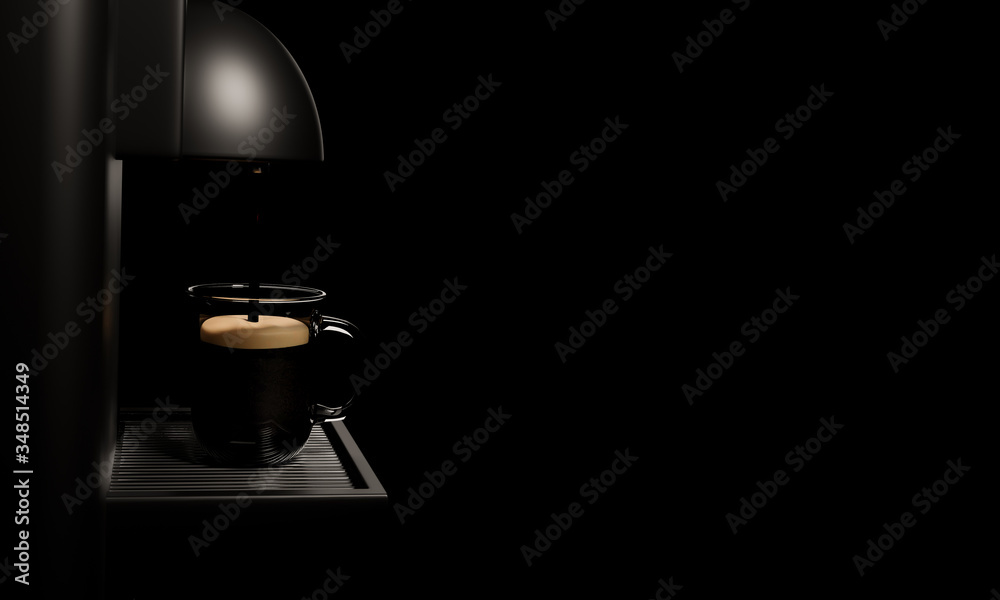Espresso coffee machine Glossy black and shiny metal. Coffee is pouring into a clear coffee cup. Placed on a silver metal grate In the black background. 3D Rendering