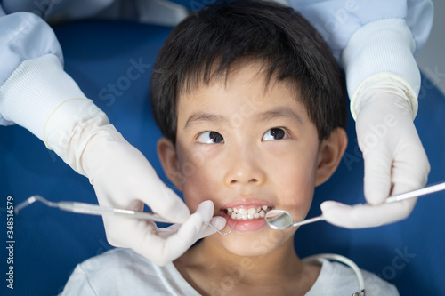 A boy having teeth examined at dentists: Healthy lifestyle, healthcare, and medicine concept.