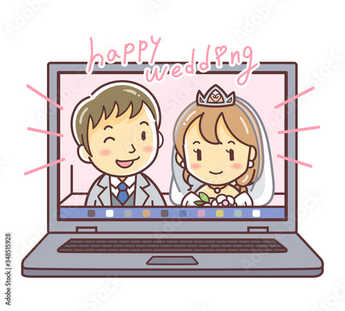 オンライン結婚式をするカップルのイラスト（web婚・婚活・恋活）