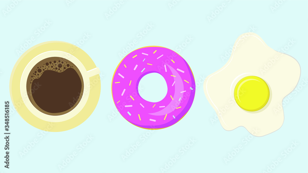 Minimalistic vector graphic. Morning set: cup of coffee, fried egg and pink donut. Minimalistic vector graphic. Morning set: cup of coffee, fried egg and pink donut.