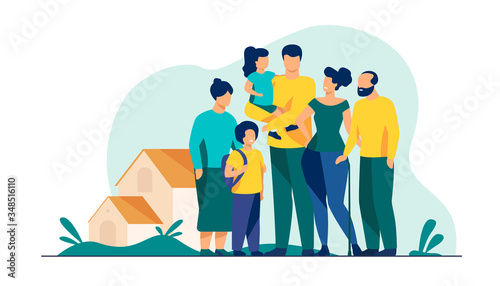 Big family meeting. Couple with senior parents and two kids standing together at suburban house. Vector illustration for love, togetherness, lifestyle concept