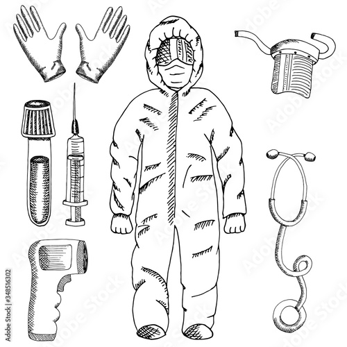 Individual protection against covid-19 infection for doctors and nurses hospital. Medical gown protective suit, latex gloves non-contact infrared thermometer, stethoscope, face shield vector sketch