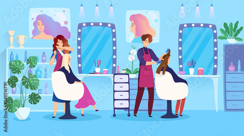 Woman hairstyle in beauty salon, hair dyeing people cartoon characters, vector illustration. Professional female hairdresser in modern studio, glamour lifestyle fashion. Hair coloring stylist service
