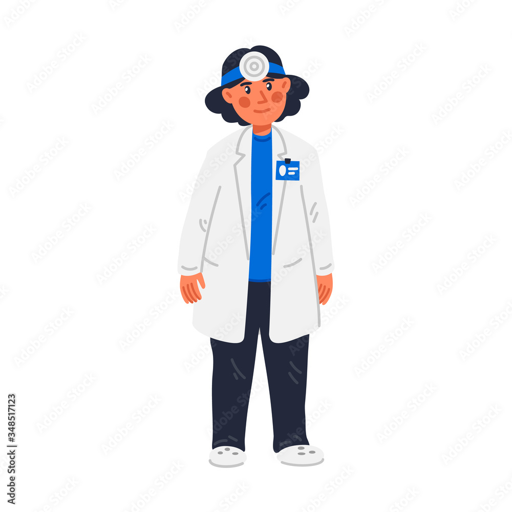 ENT or ORL. Woman - otolaryngologist. ORL-H N specialist doctor in medical gown. Examination of ear, nose, throat. Flat style vector illustration on white background.