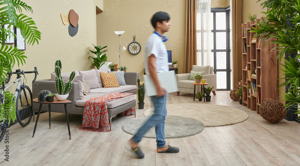 Man at home and corona virus warning interior decoration. Man at home and corona virus warning interior decoration.