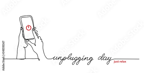 Unplugging day simple vector illustration, web banner, background. Hands turn off the phone. One continuous line drawing background.