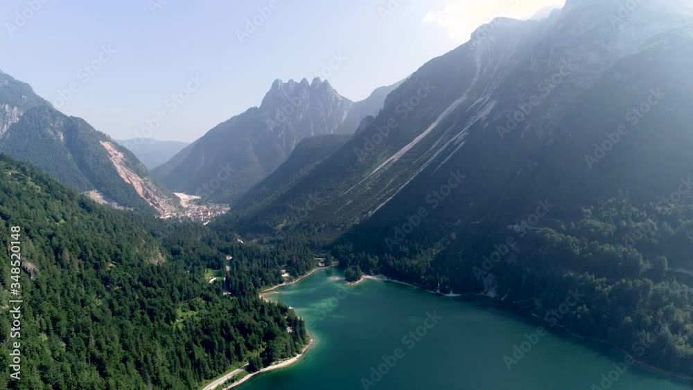 Aerial view of Lago del Predil. Rabeljsko jezero is Predil lake in Alps mauntain Aerial view of Lago del Predil. Rabeljsko jezero is Predil lake in Alps mauntain
