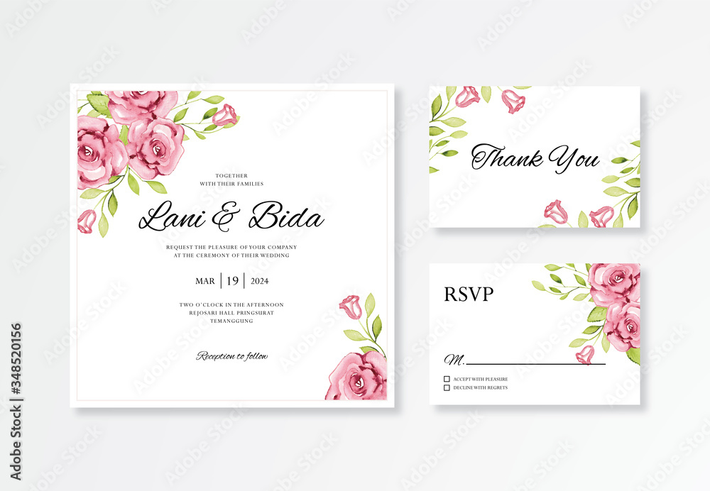beautiful wedding card invitation set template with floral watercolor cmyk mode