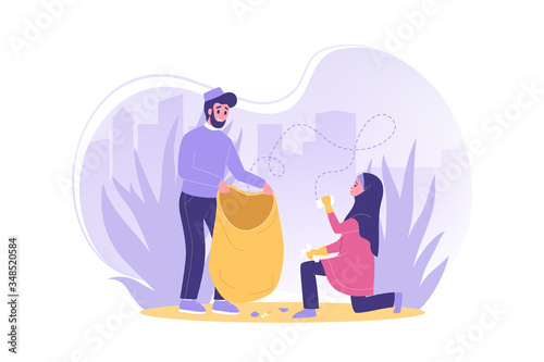 Environmental care, ecology, volunteering concept. Illustration of arabic couple man mislim, woman in hidjab, teamworkers volunteers in park. Cleanup nature together. Environment care eco friendly. photo