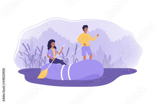 Vacation, fishing, nature, couple, tourism, recreation, holiday concept. Young couple in love man woman boy girl tourists fishing in boat on mountain lake. Active recreation lifestyle summer vacation.