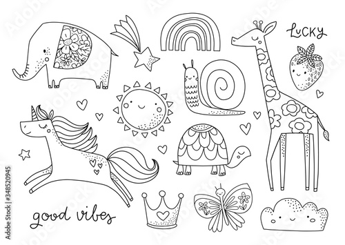 Cute hand drawn childish illustration in black and white. Kids coloring pages. Animal, fairytale, summer characters for kids and baby. Elephant, unicorn, giraffe, sun, rainbow, snail, butterfly. 