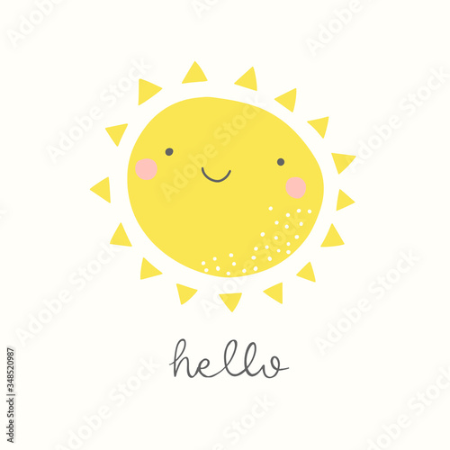 Cute sun saying hello. Vector funny childish illustration. Whimsical nursery art. Summer smiling character.