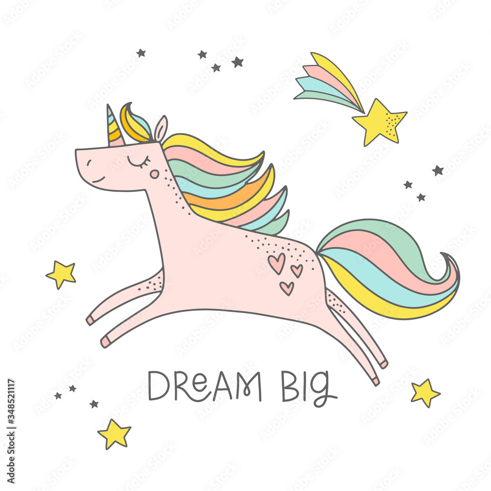 Obraz premium Dream big. Childish illustration with cute magical unicorn in the night sky. Vector illustration for girl birthday party, nursery posters, clothing, kids room decor.