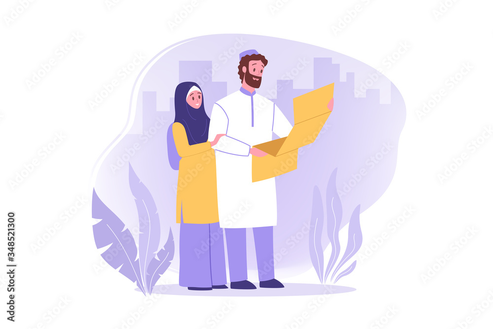 Travelling couple, hiking, tourism, nature, map concept. Arab couple man woman muslims hikers tourists travelers lost in forest and looking at map. Vacation trip with active lifestyle and recreation. Travelling couple, hiking, tourism, nature, map concept. Arab couple man woman muslims hikers tourists travelers lost in forest and looking at map. Vacation trip with active lifestyle and recreation.