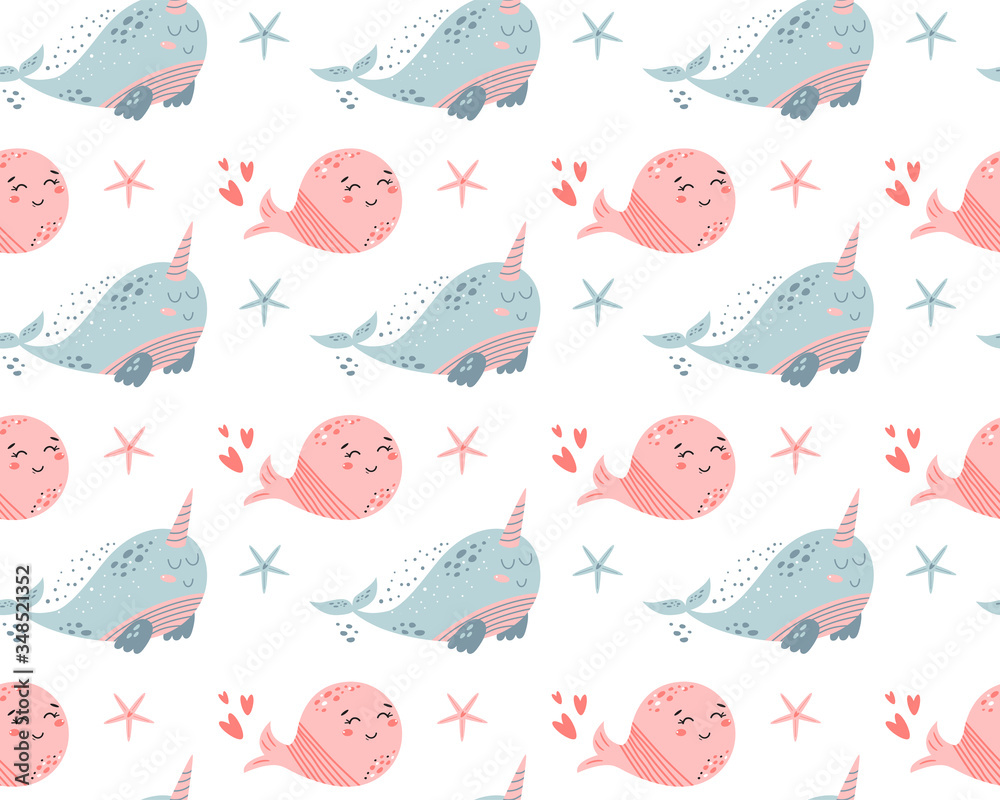 Pink whale pattern. Cute background with cartoon sea animals. Baby shower  design. Funny whales in vector Stock Vector | Adobe Stock