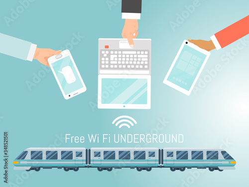 Free WiFi underground train, complimentary fast subway internet flat vector illustration. Concept hand hold mobile gadget and laptop, communication metro locomotive free online access.