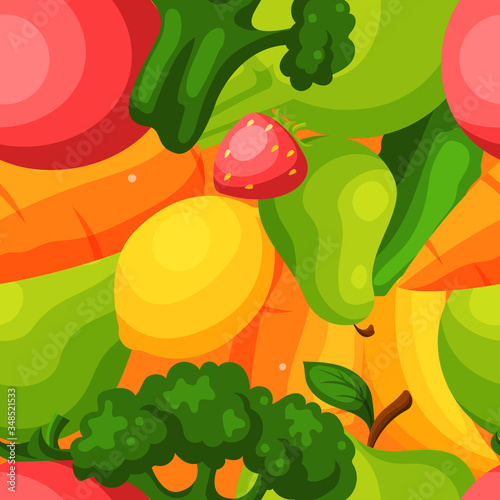 Organic vegetables fruits food seamless pattern flat vector illustration. Healthy eco food product. Wrapping design paper packaging, banner for wholesome foodstuff stuff, proper nutrition.