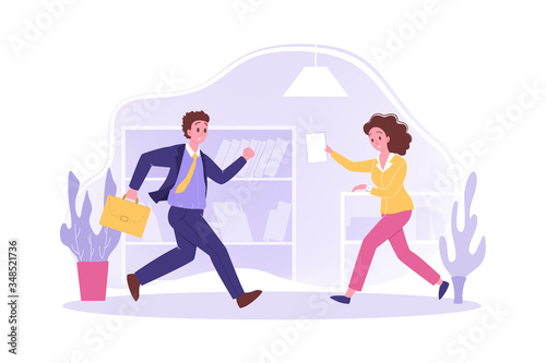 Hurrying people in office, business concept. Young worried busy businesspeople businessman and woman partners clerks managers employees running at work office. Work overload and rush, stress vector.