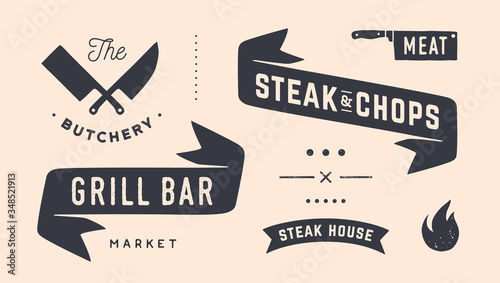 Vintage graphic set. Set of vintage banner, ribbon, cutting knive, text, old school graphic elements, food tools. Design elements for restaurant, bar, cafe, food shop and market. Vector Illustration