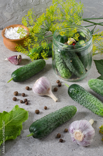 Ripe cucumbers and spices in the process of pickling