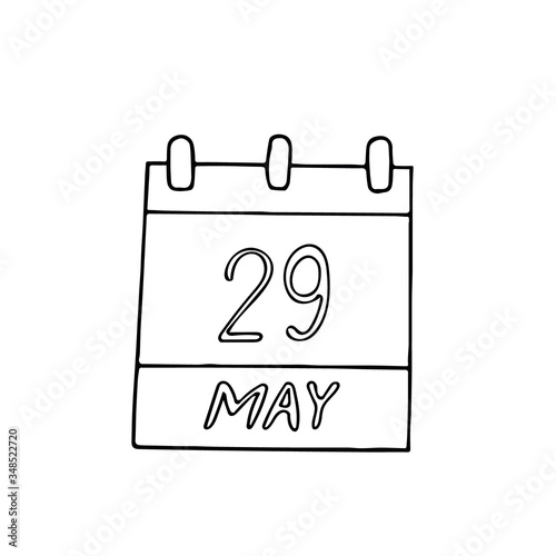 calendar hand drawn in doodle style. May 29. World Digestive Health Day, International United Nations Peacekeepers, date. icon, sticker, element