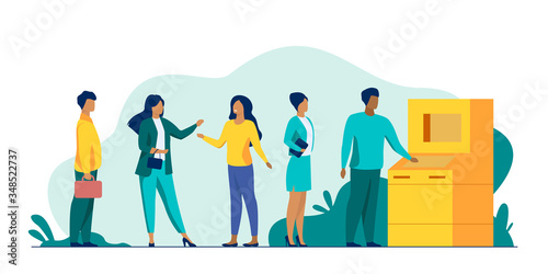 People waiting in queue for bank machine vector illustration. Customers standing in line for payment. Withdrawing money in bank
