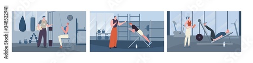 Gym exercise machines equipment workout for sport people with fit trainer, fitness flat set of vector illustrations. Cardio for press and muscules, active training gym machines for healthy lifestyle.