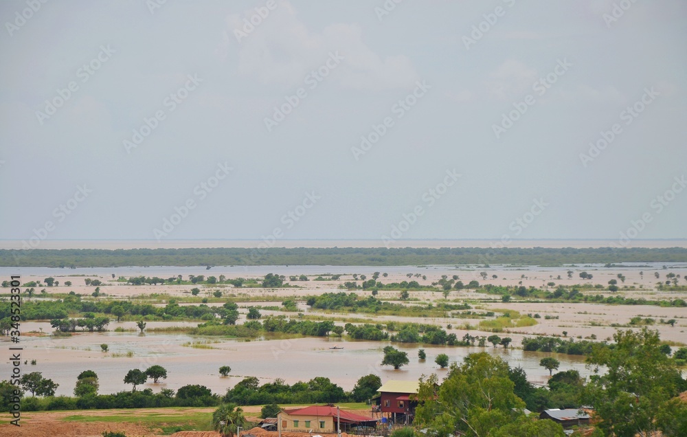 Aerial view on floating areas during monsoon season at Tonle Sap, Cambodia