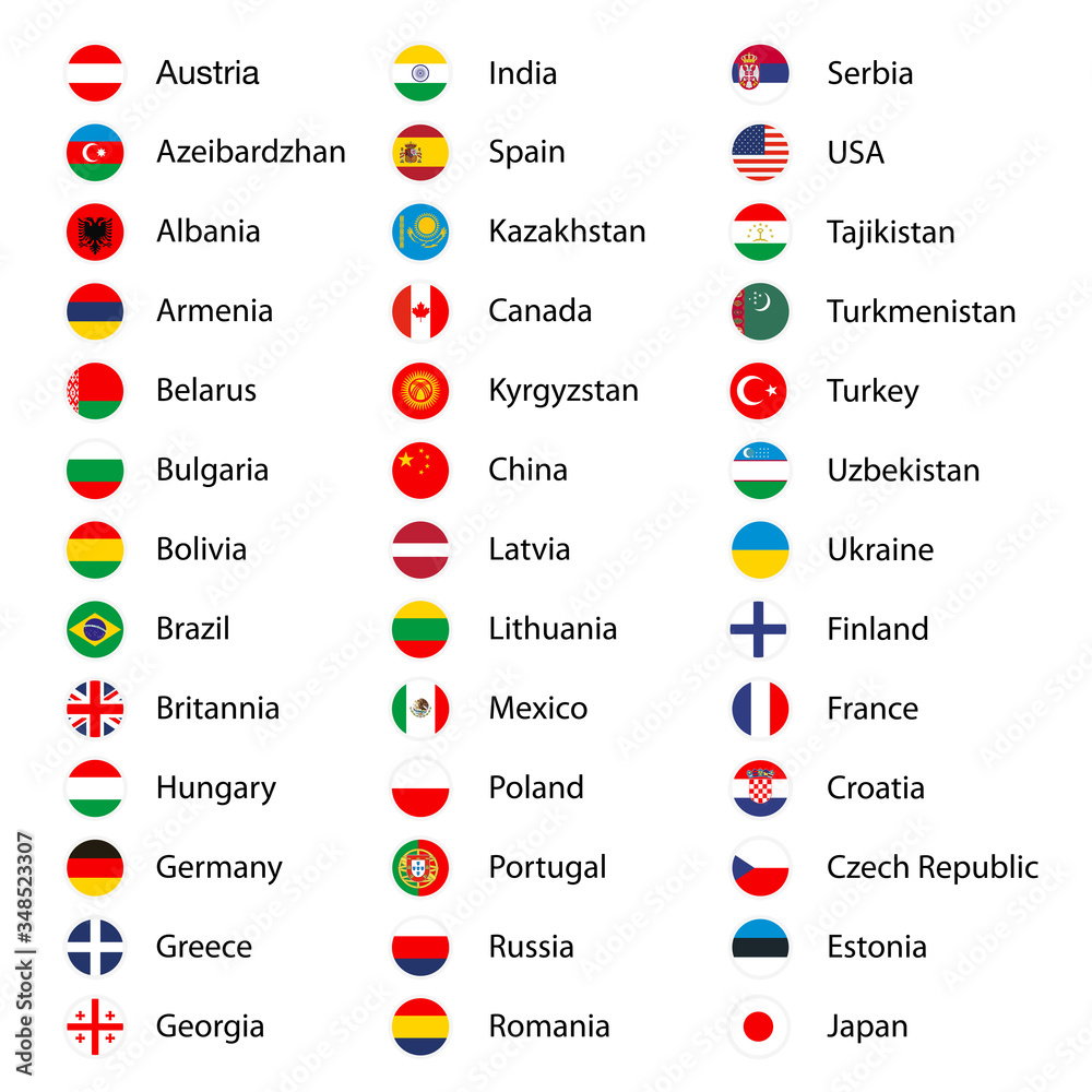 Flags of all countries in a circle. Icons of countries with flags and names. World flags 素材庫向量圖