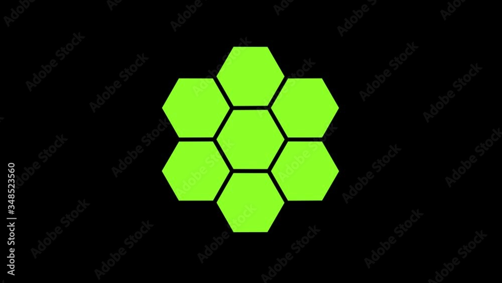 Graphic object composed of chained hexagons that rotate clockwise in the center, of variable dimensions, on a background with a hypnotic, psychedelic and stroboscopic effect. Graphic object composed of chained hexagons that rotate clockwise in the center, of variable dimensions, on a background with a hypnotic, psychedelic and stroboscopic effect.