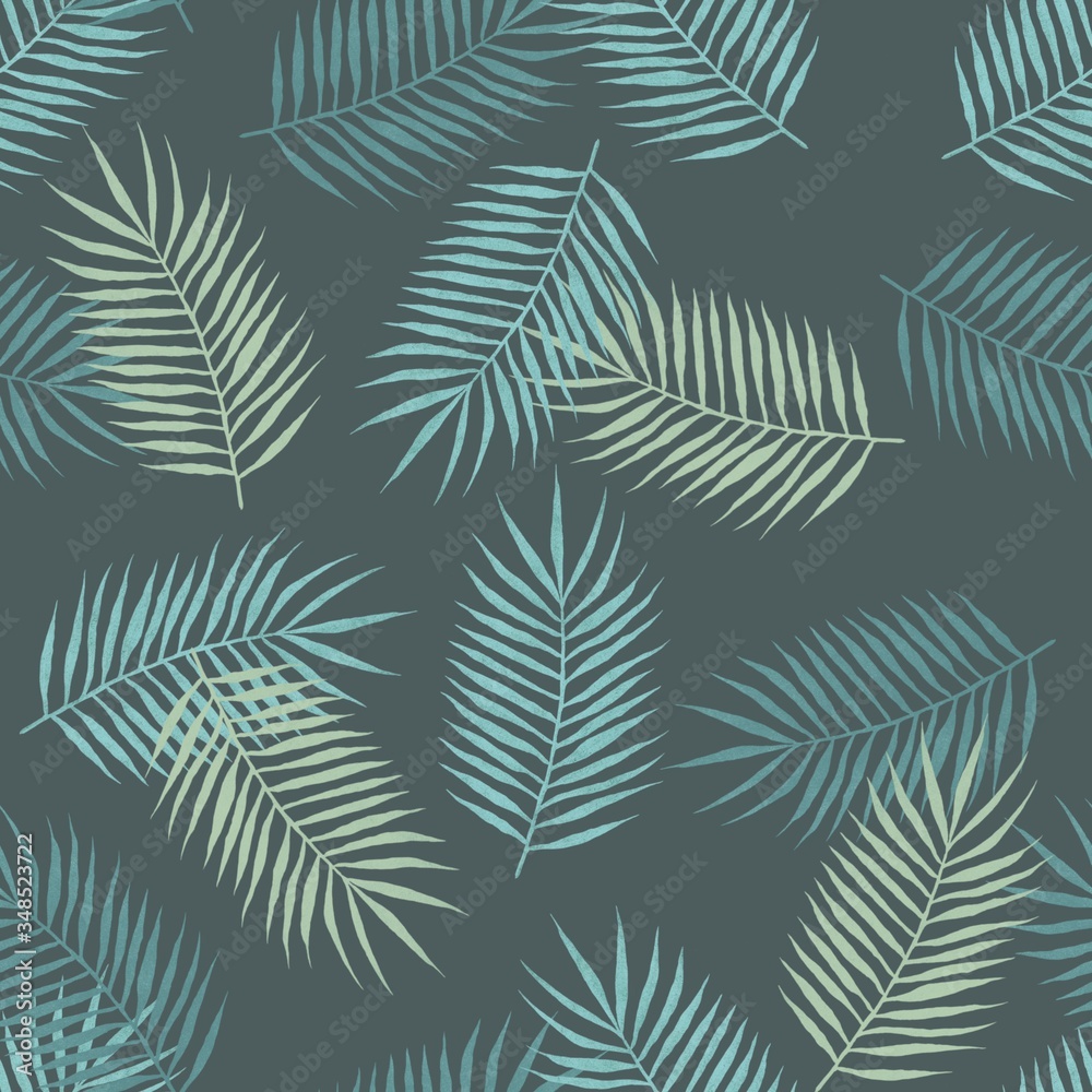 seamless pattern with exotic palm leaves. gray background with tropical colorful leaves. Illustration for printing on notebooks, textiles, ceramics, use in design.