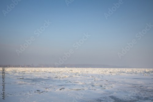 Panorama of the Frozen Danube during the 2017 winter  in Zemun  Belgrade  Serbia with ice popping out of the water. This winter was particularly harsh  paralyzing the activity on the Danube.