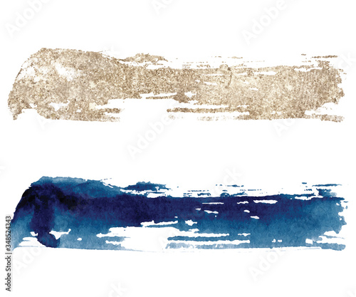Abstract watercolor classic blue and gold brush strokes on white background. Color splashing hand drawn vector