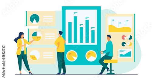 Office workers analyzing and researching business data vector illustration. Marketing analysts developing strategy. Business people studying infographics and diagrams on dashboard