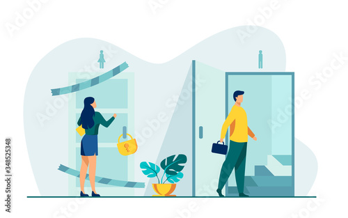 Woman knocking to locked and closed door flat vector illustration. Man entering open door and walking up stairs. Inequality in career, business opportunities. Social problem and discrimination concept